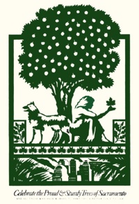 art print of woman sitting by a tree with her dog.